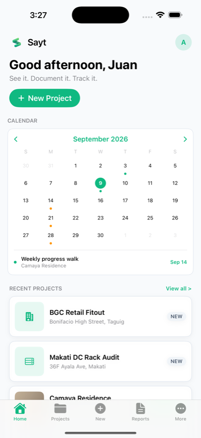 Sayt home screen showing a September calendar with documented days marked and an upcoming weekly progress walk
