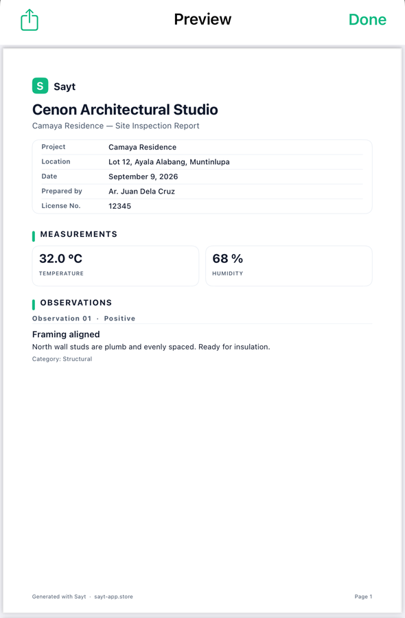 Page one of a report generated by Sayt: the company name and logo, a project detail table with location, date, preparer and licence number, a measurements block, and a numbered observation with its category
