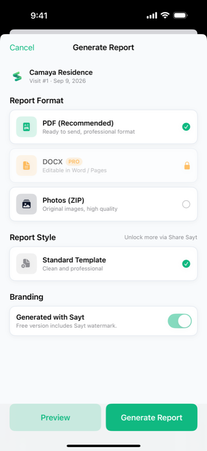 Sayt's Generate Report screen: PDF, DOCX and Photos ZIP formats, a report style picker, a branding toggle, and Preview and Generate Report buttons