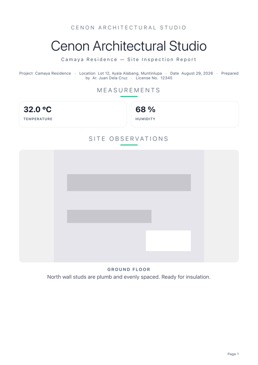 Executive report template for the Camaya Residence visit, with a polished client-facing layout