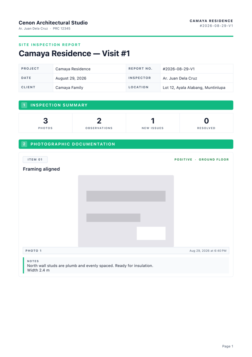 Field report template for the Camaya Residence visit, formatted for practical site documentation