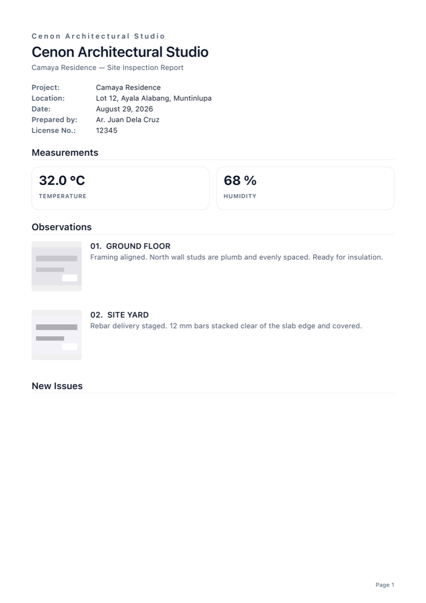 Minimal report template for the Camaya Residence visit, with a restrained text-heavy layout