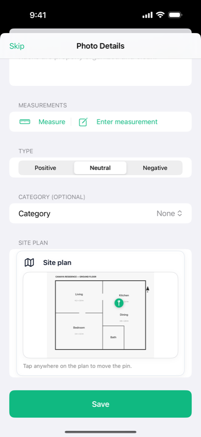 A finding's site plan with a green pin dropped in the kitchen of a ground floor plan, captioned tap anywhere on the plan to move the pin